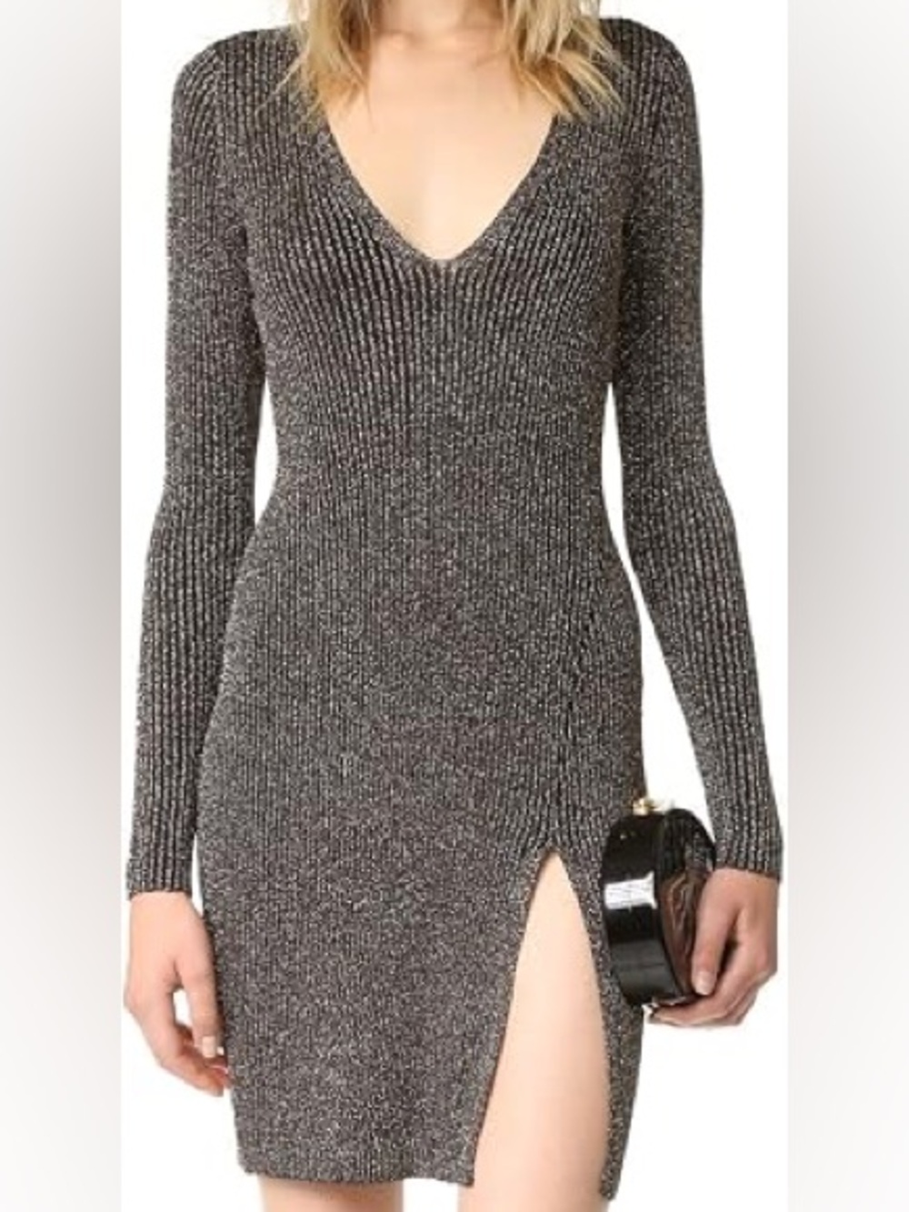 BCBGMaxAzria Macki Metallic Tunic Long-Sleeve Mini Dress with Side Slit